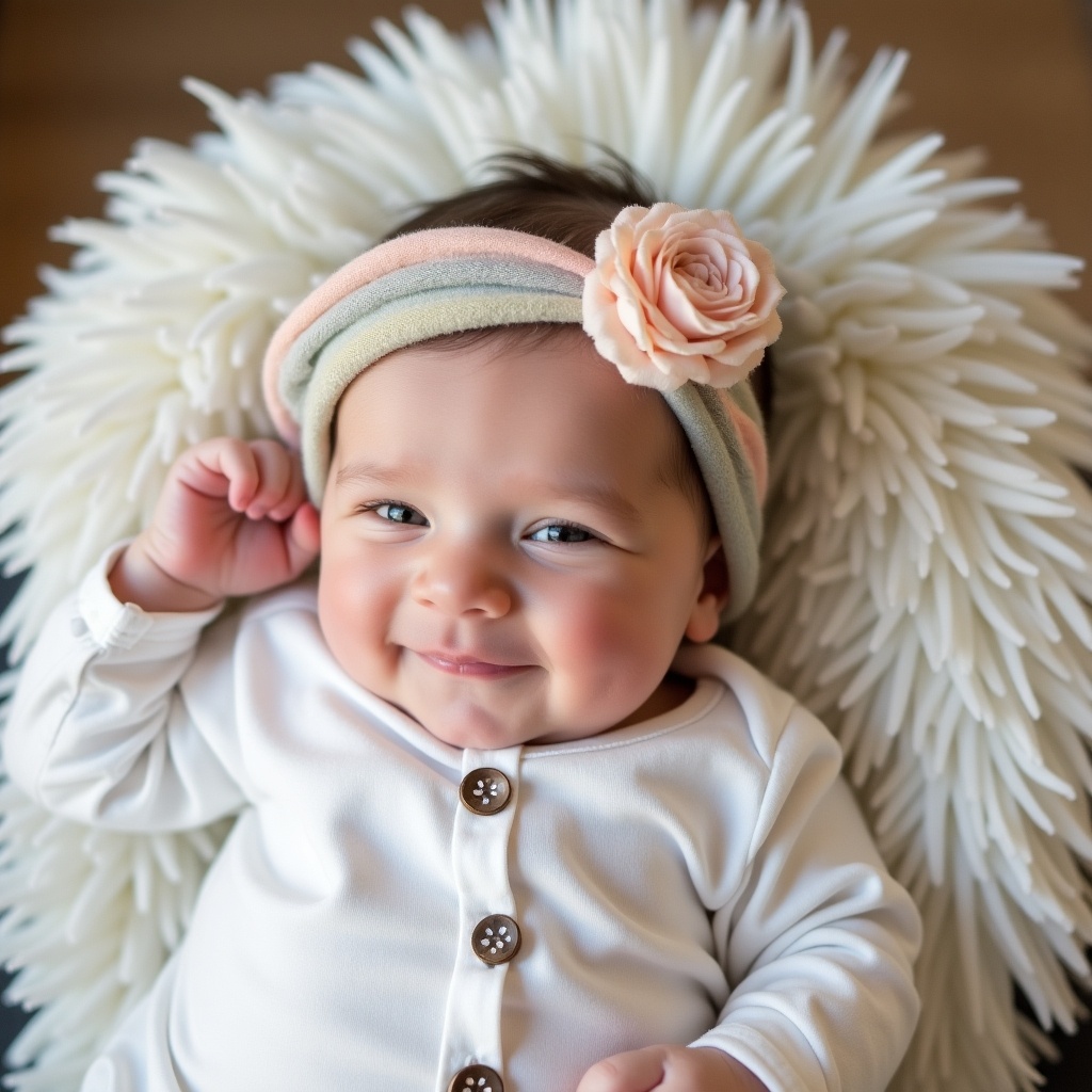 This image features a delightful baby boy, smiling warmly while lying on a decorative fluffy surface. He has a pastel-colored headband adorned with a soft fabric flower. His outfit is a cozy white onesie with cute buttons. The lighting is soft and natural, adding a gentle glow to his joyful expression. The overall scene exudes warmth, happiness, and charm, making it perfect for family-oriented content.