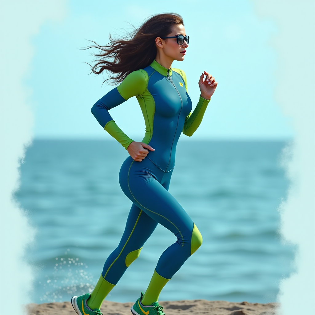 A woman in a sleek athletic outfit runs along a sandy beach by the ocean.