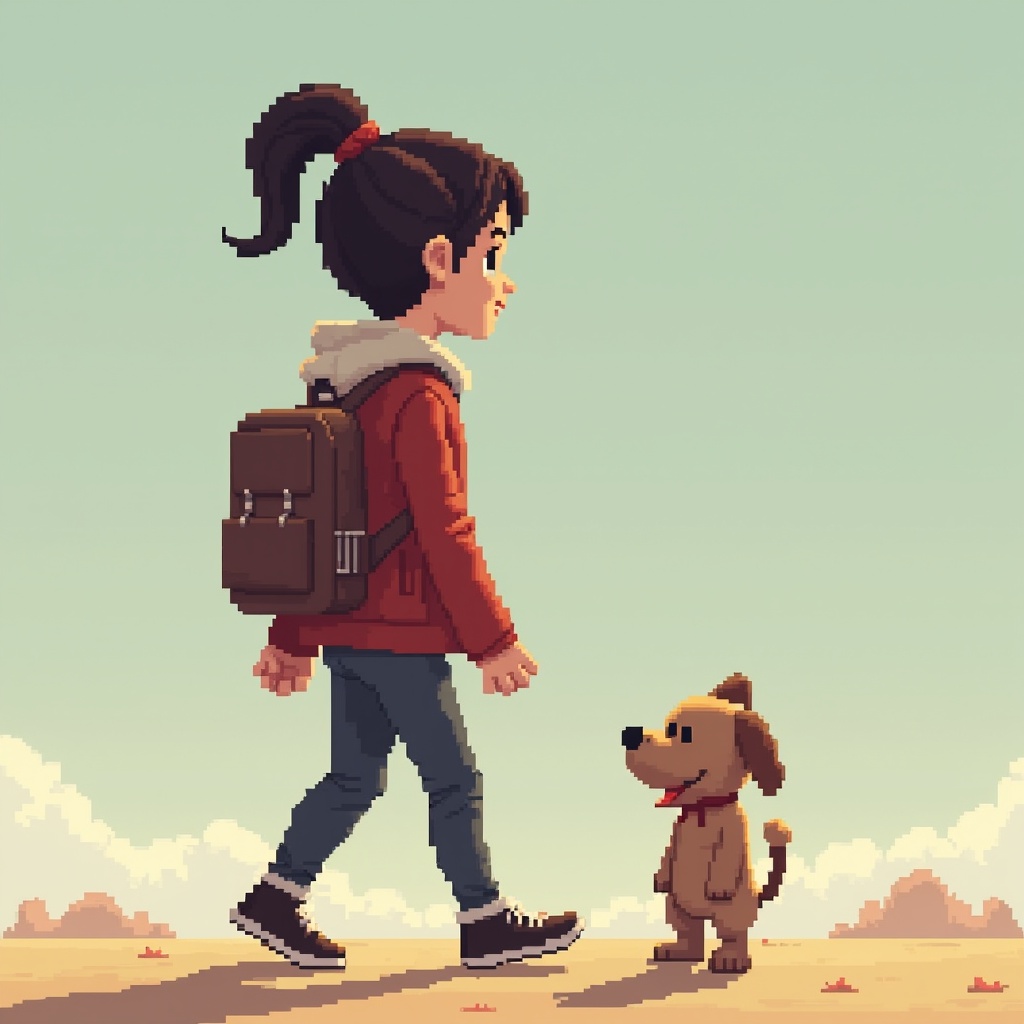 This image features a young girl with a backpack walking alongside a small dog. The style is pixel art, reminiscent of classic video games. The girl appears cheerful and is wearing a casual outfit, including a hoodie and sneakers. The dog looks friendly and is depicted in a playful pose. The background is minimalistic, with a vast sky and soft clouds, enhancing the sense of adventure. This scene evokes feelings of friendship and exploration.