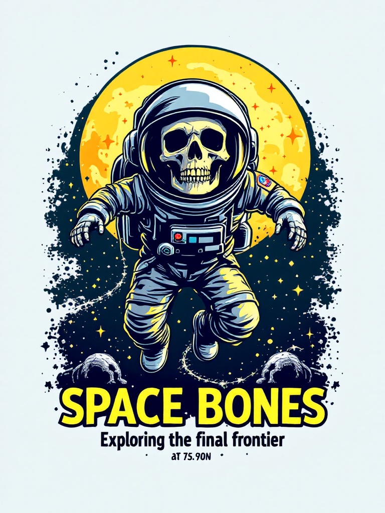 T-shirt design featuring a skull in an astronaut suit. Astronaut is floating in space with a detailed moon in the background. Design includes artistic elements like stars and polar imagery. Text reads 'Space Bones: Exploring the final frontier'.