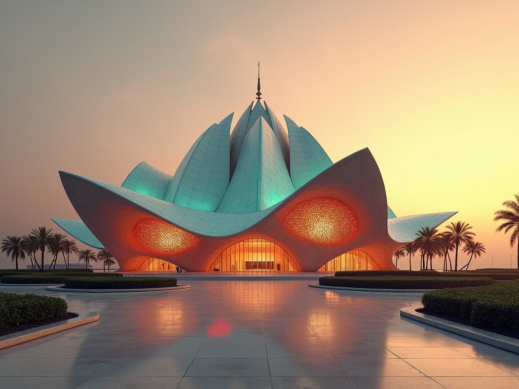 A futuristic architectural building resembling a lotus flower, surrounded by palm trees, under a warm evening sky with soft lighting.