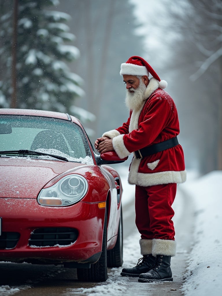 A man washing a red color car with Santa Claus standing near it. Winter scenery with snow-covered ground and trees. Santa in traditional outfit, engaged in the setting.