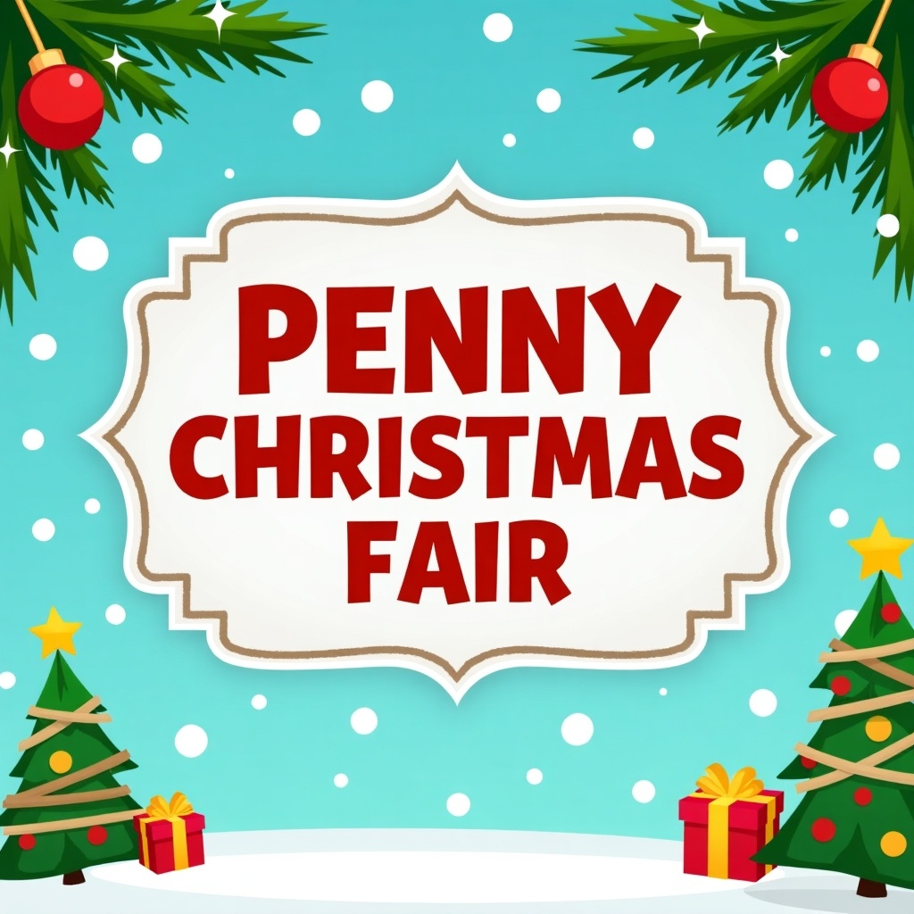 The image features a vibrant Christmas fair banner for a game called the Penny Drop. The background is a cheerful turquoise with white snowflakes falling. Two Christmas trees with colorful decorations flank the sides, and gifts are placed below them. The text 'PENNY CHRISTMAS FAIR' is prominently displayed in bold red letters, making it easy to read. The overall design evokes a festive and joyful holiday spirit, perfect for appealing to families and gamers. This banner aims to attract players to participate in the festive game and activities.