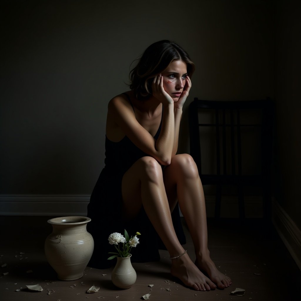 Fine art photograph capturing a somber woman in a dimly lit room. Woman is seated with emotional distress. Shattered pottery surrounding her. Delicate flower wilting in the corner. Elegant atmosphere reflecting pain and heartbreak.