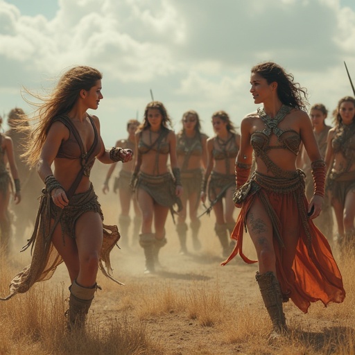 A war scene depicting female warriors wearing futuristic costumes. The setting has a dramatic atmosphere with earthy tones. The women are in motion showcasing strength and unity. The backdrop features an open landscape under a cloudy sky.