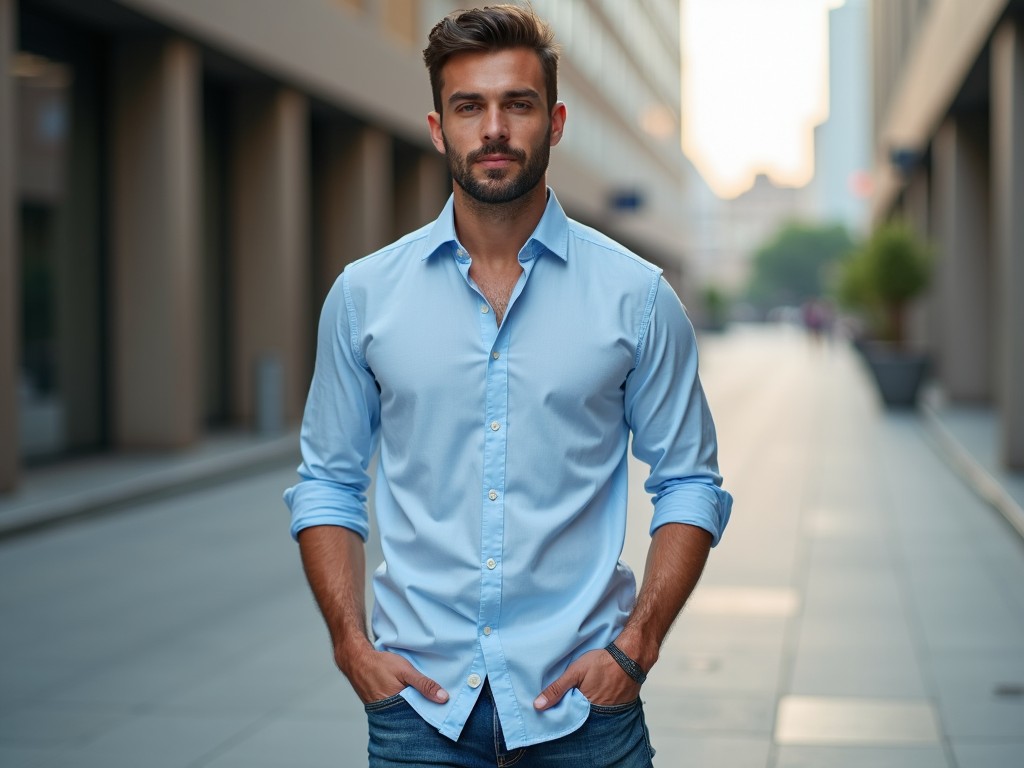 An Italian male model stands straight in an urban setting, confidently dressed in a light blue oxford shirt and casual jeans. His expression is composed and engaging, exuding charisma and style. The background features modern architecture, creating a sophisticated urban vibe. Soft natural lighting enhances the overall aesthetic, emphasizing the model's features and attire. This scene captures a perfect blend of fashion and contemporary lifestyle, ideal for marketing and promotional purposes.