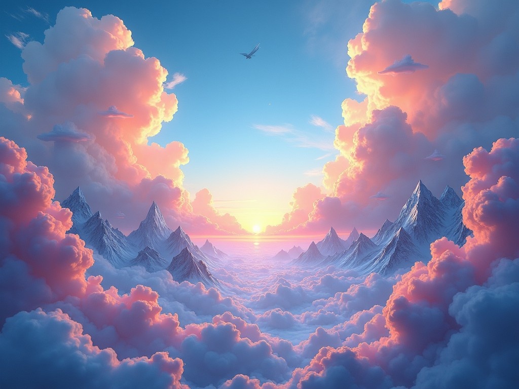 The image depicts a breathtaking landscape that features majestic mountains surrounded by soft, fluffy clouds. A vivid sunset paints the sky in warm colors, creating a dreamy atmosphere. The clouds offer a surreal quality, enhancing the overall beauty of the scene. This masterpiece evokes feelings of awe and inspiration, making it perfect for use as a background or wallpaper. The perspective invites the viewer to immerse themselves in this serene and colorful world.