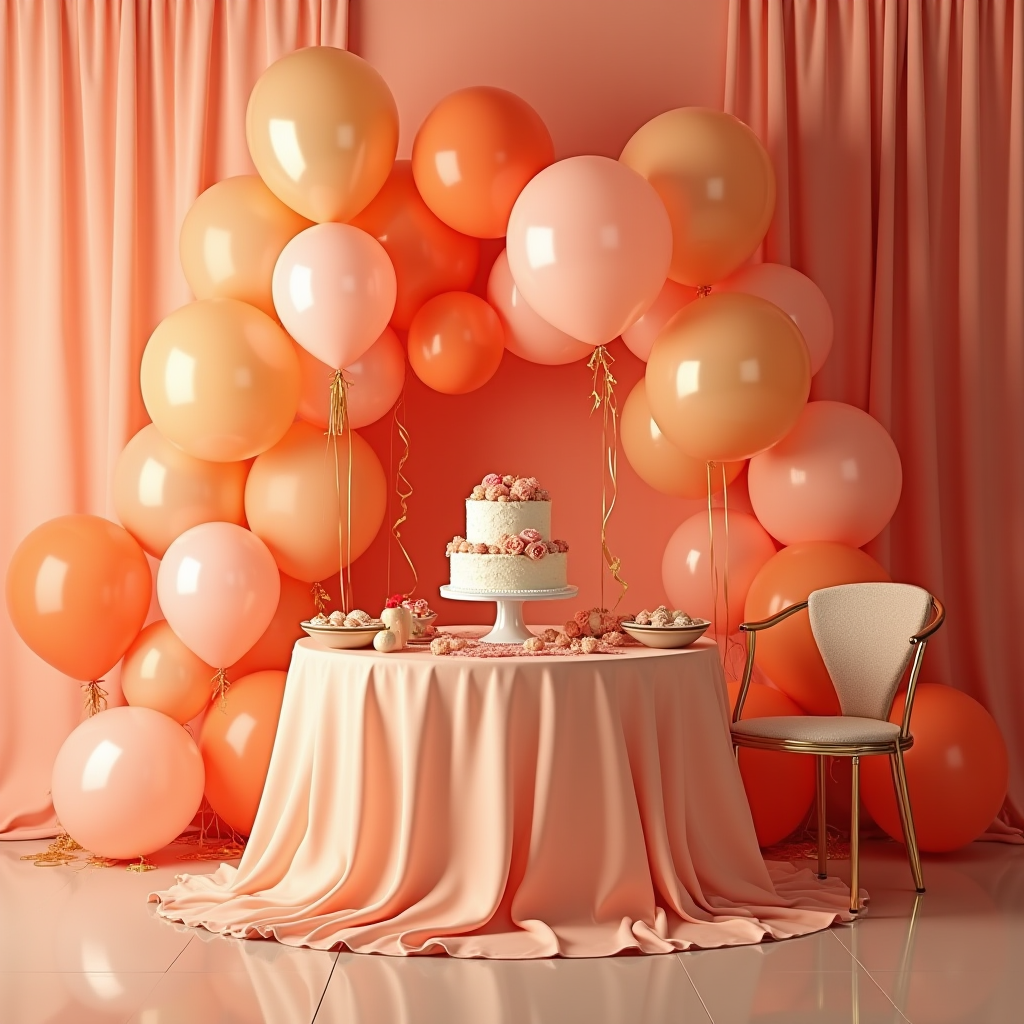 An elegant table with a cake and sweets set amidst a backdrop of peach and orange balloons.