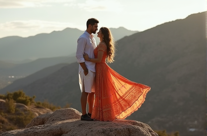 A couple stands on a rocky cliff, embracing each other, with mountains and a setting sun in the background.