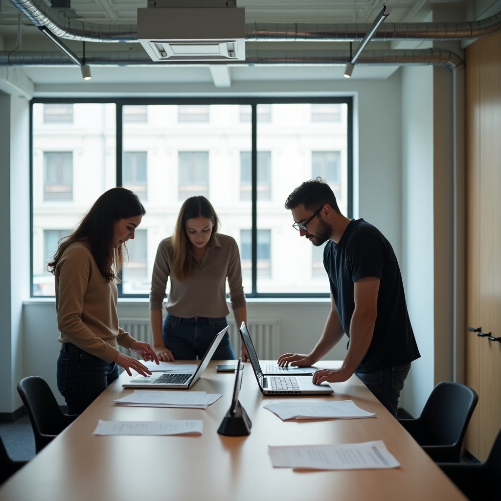 A modern office space features three individuals engaged in teamwork around a large table. They are focused on their laptops as they discuss ideas. Papers are scattered on the table, indicating an active brainstorming session. The room is bright, illuminated by large windows, providing a view of the city outside. The design showcases a blend of neobrutalist architecture, with clean lines and functional elements. This scene embodies the spirit of collaboration and innovation in a tech-driven environment.