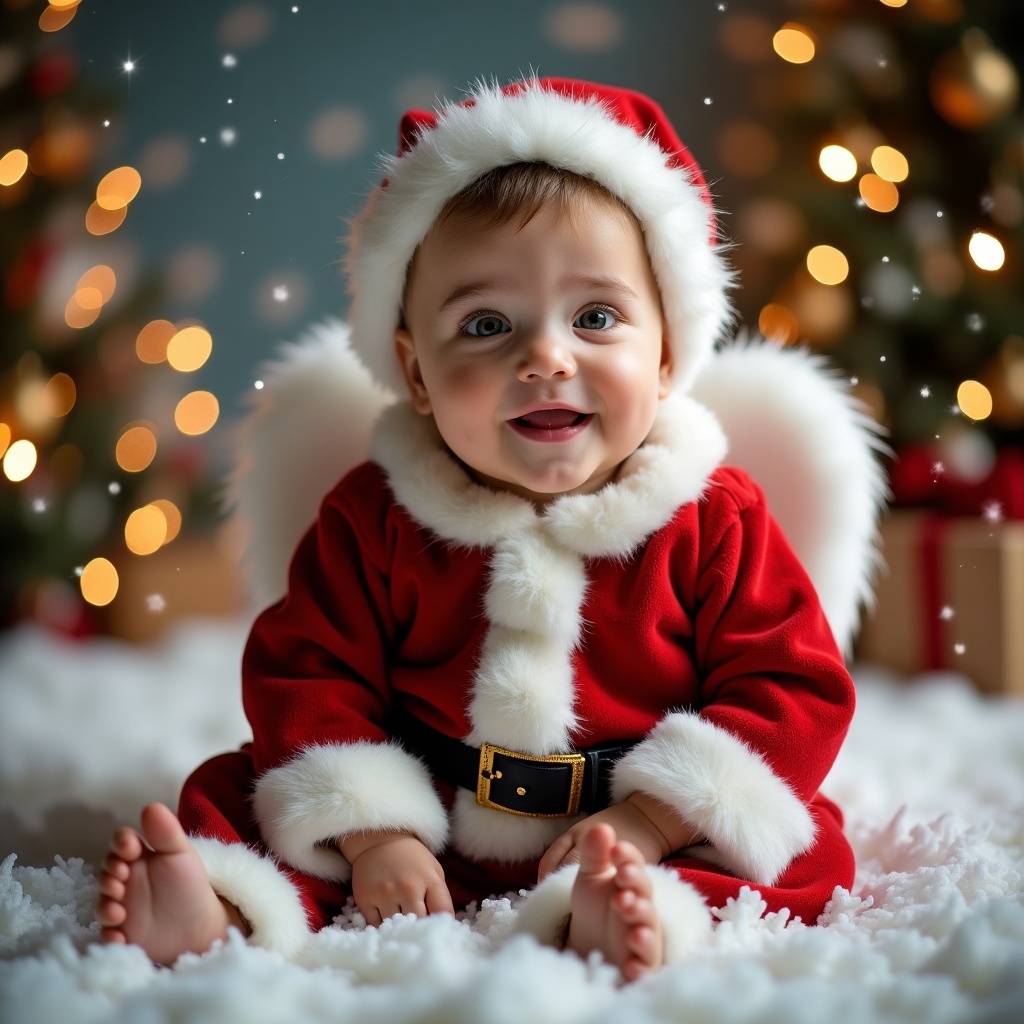 A joyful baby boy dressed in a vibrant red Santa outfit, complete with a fluffy white trim and a matching Santa hat. He is sitting on a soft white blanket, surrounded by a snowy atmosphere with playful sparkles. In the background, beautifully decorated Christmas trees with glowing lights create a warm and festive scene. The baby has a big smile, evoking feelings of happiness and innocence. This image captures the essence of Christmas joy through the eyes of a child, embodying the festive spirit and innocence of the holiday season.