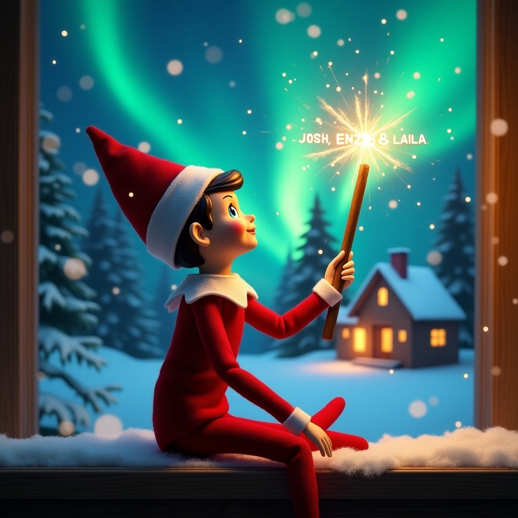 An elf on the shelf gazes skyward holding a glowing wand in a snowy landscape. Colorful northern lights illuminate a cozy house in the distance. The elf symbolizes the magic of Christmas with names appearing from the wand.