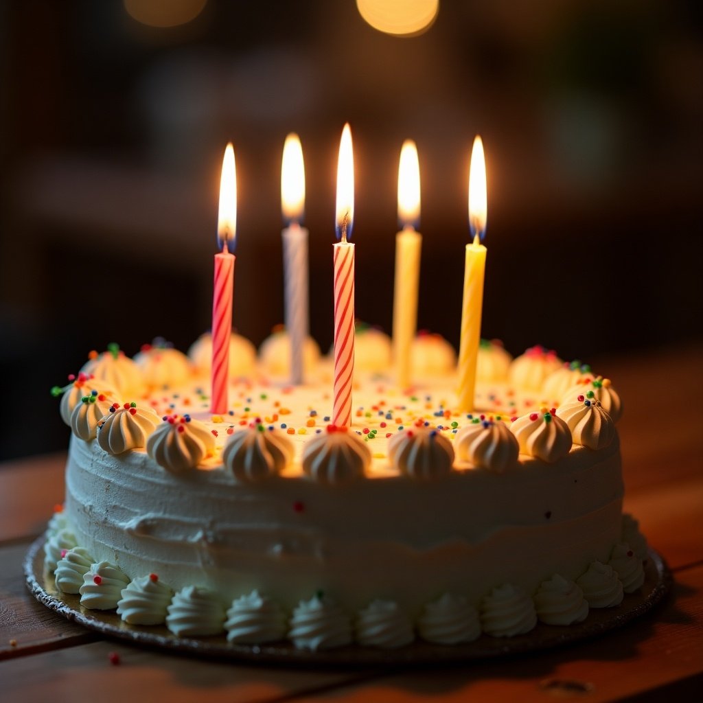 A beautifully decorated cake sits on a wooden table. It features five colorful candles on top, with only the first, third, and fourth candles lit, casting a warm glow. The cake is adorned with decorative icing and colorful sprinkles, creating a festive look. The background is softly blurred, giving a cozy atmosphere. This setup is perfect for a birthday celebration.