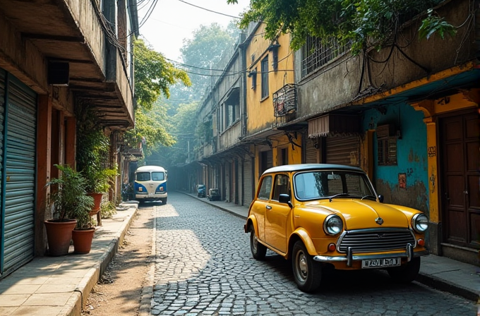 A yellow vintage car is parked on a cobblestone street in a quiet, old neighborhood.