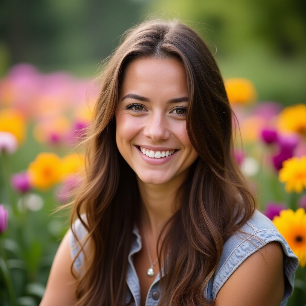 Portrait of a woman smiling in a garden filled with colorful flowers. Long hair, casual clothing, bright atmosphere. Natural lighting highlights features. Joyful and vibrant setting.