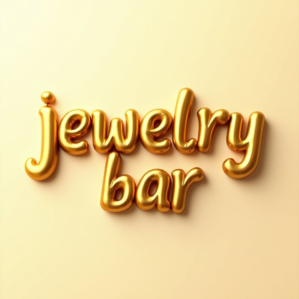 The image shows 'jewelry bar' in glossy gold balloon letters against a beige background. It creates a luxurious and fun look with a 3D effect.