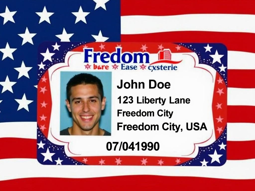 This image features a novelty ID card designed with an American flag theme. The ID showcases fictional details like a name, address, and birthdate for comedic effect. The background prominently displays the red, white, and blue colors of the flag, making it visually striking. The ID card includes playful elements that resonate with American culture, such as the word 'Freedom.' This card could serve as a fun accessory for parties or themes related to American identity and humor. It's perfect for anyone looking to inject a bit of fun into events or social media.