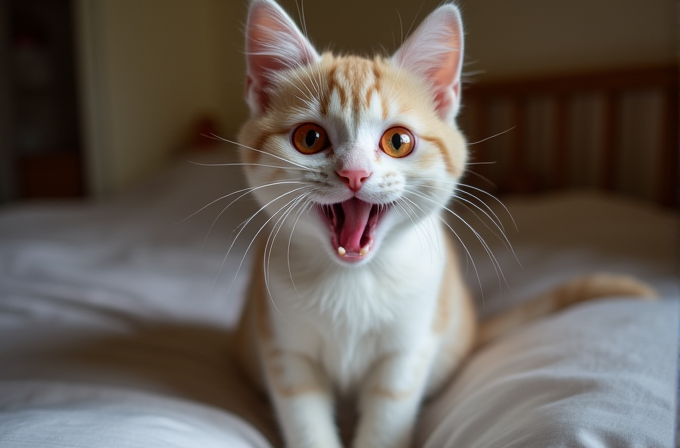 A wide-eyed orange and white kitten sits on a bed with its mouth open in an expression of surprise or excitement, showcasing its playful and curious demeanor.