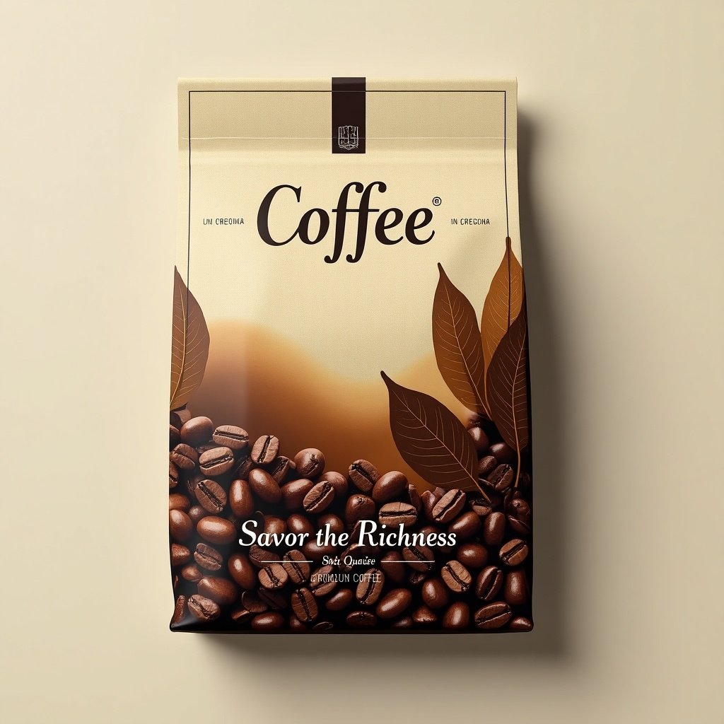 Detailed label design for a premium coffee brand. Bold typography with brand name at the top. Subtle coffee bean pattern in background. Rich color palette of deep browns and warm golds. Tagline at the bottom: 'Savor the Richness.' Conveys luxury and artisanal craftsmanship.