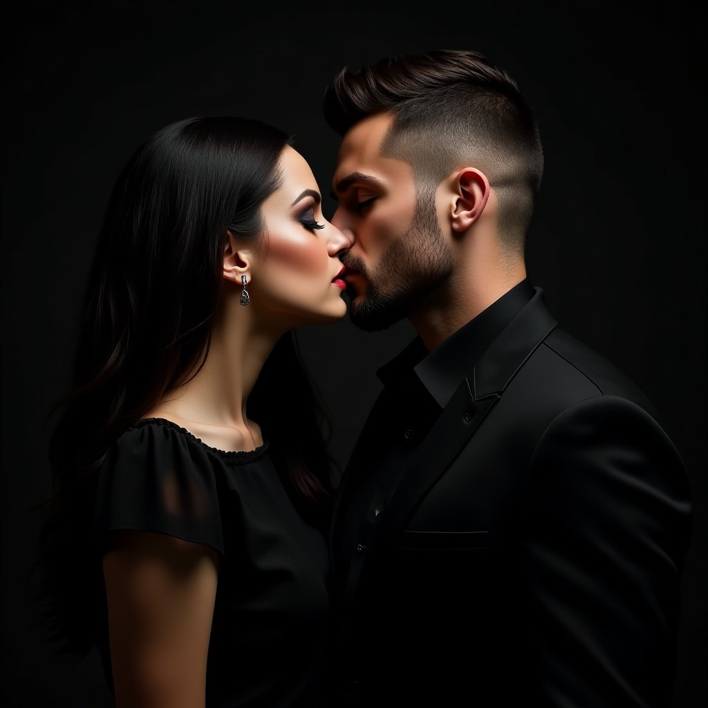 A woman with long dark hair and dramatic makeup and a man with a rugged appearance and short hair are posed in a moment of near-kiss. Both wear elegant black attire, creating a sophisticated atmosphere.