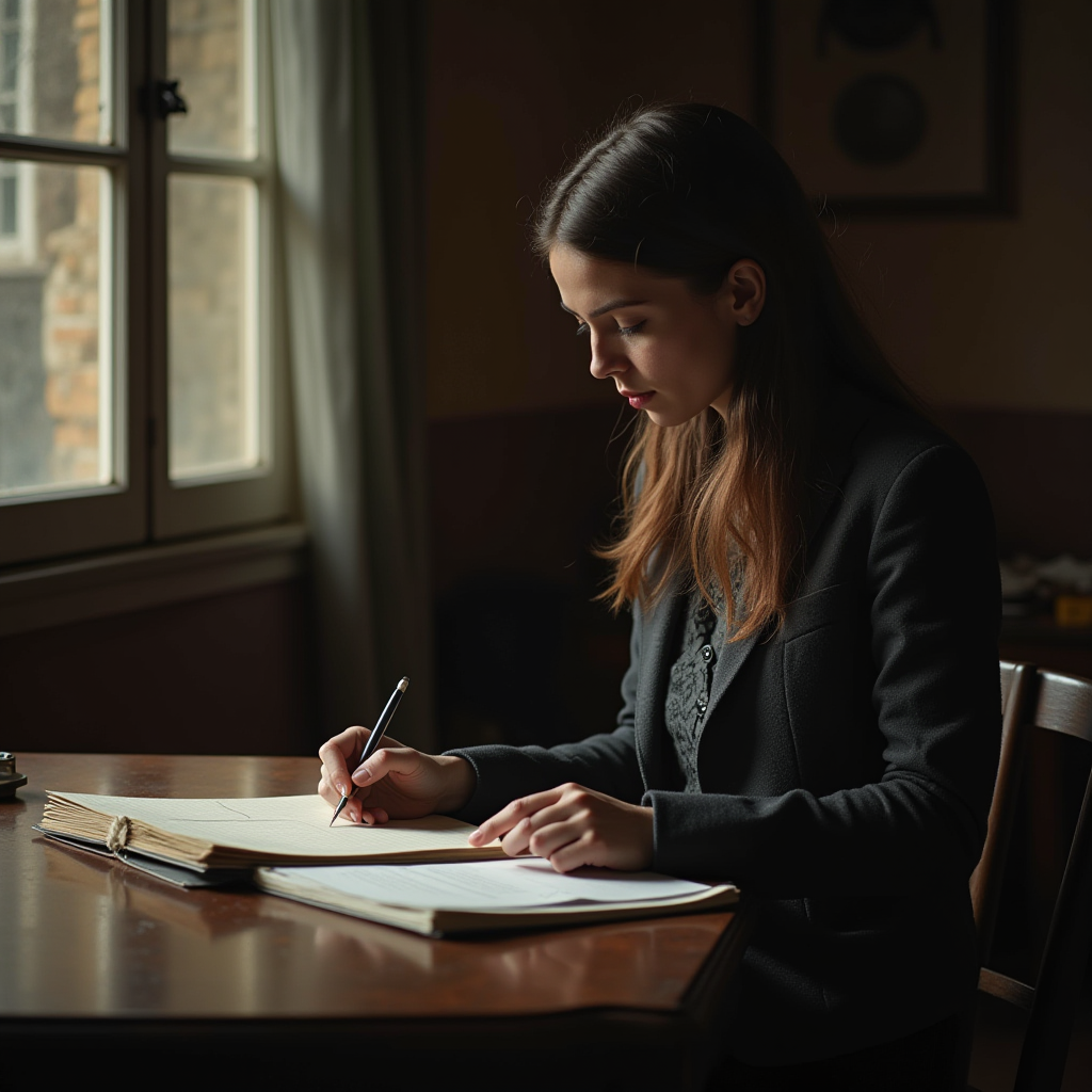 A woman in a black blazer is intently writing in a large notebook at a wooden table, with light streaming through an adjacent window.