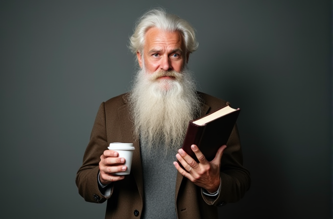 An elderly man with a long white beard holds a book and a coffee cup against a grey background.