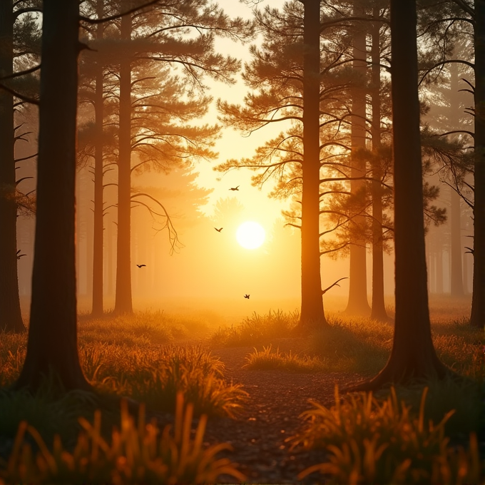 The sun rises through a foggy forest with tall trees and birds flying in the orange glow.