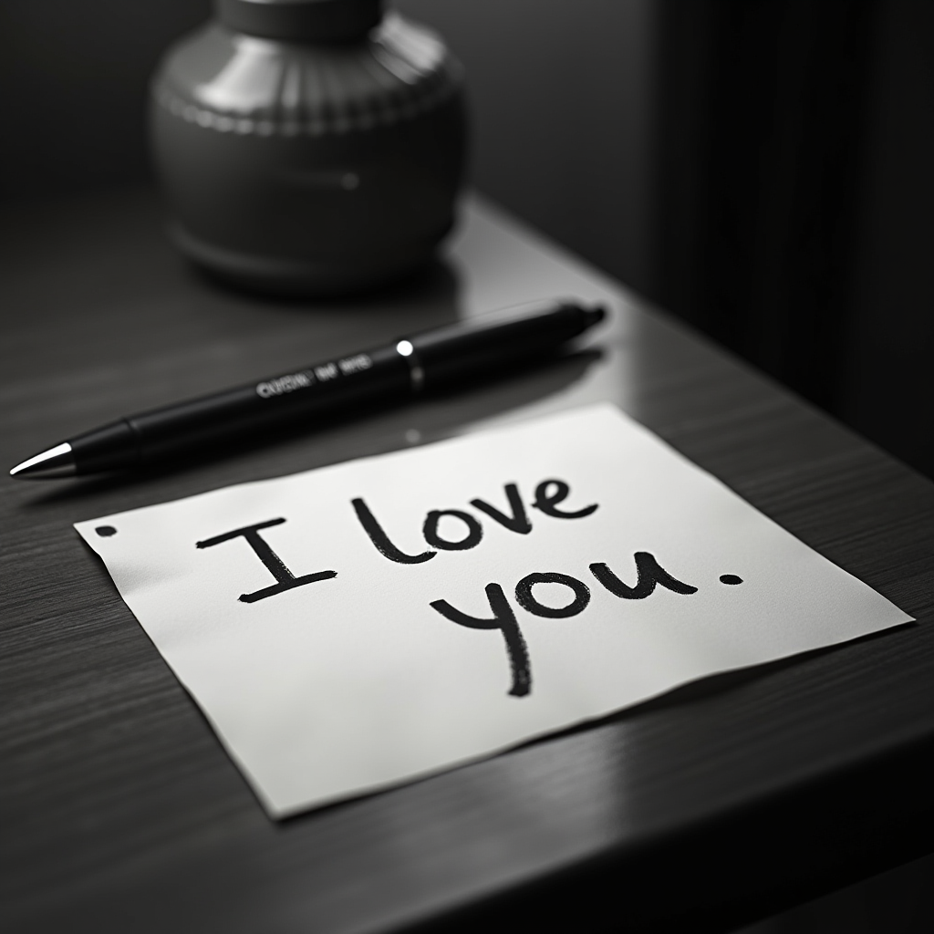 A handwritten 'I love you' note rests beside a pen on a wooden desk.