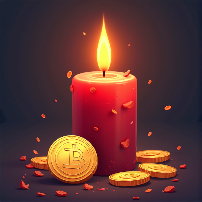 A lit red candle surrounded by Bitcoin coins, with wax flakes scattered around.