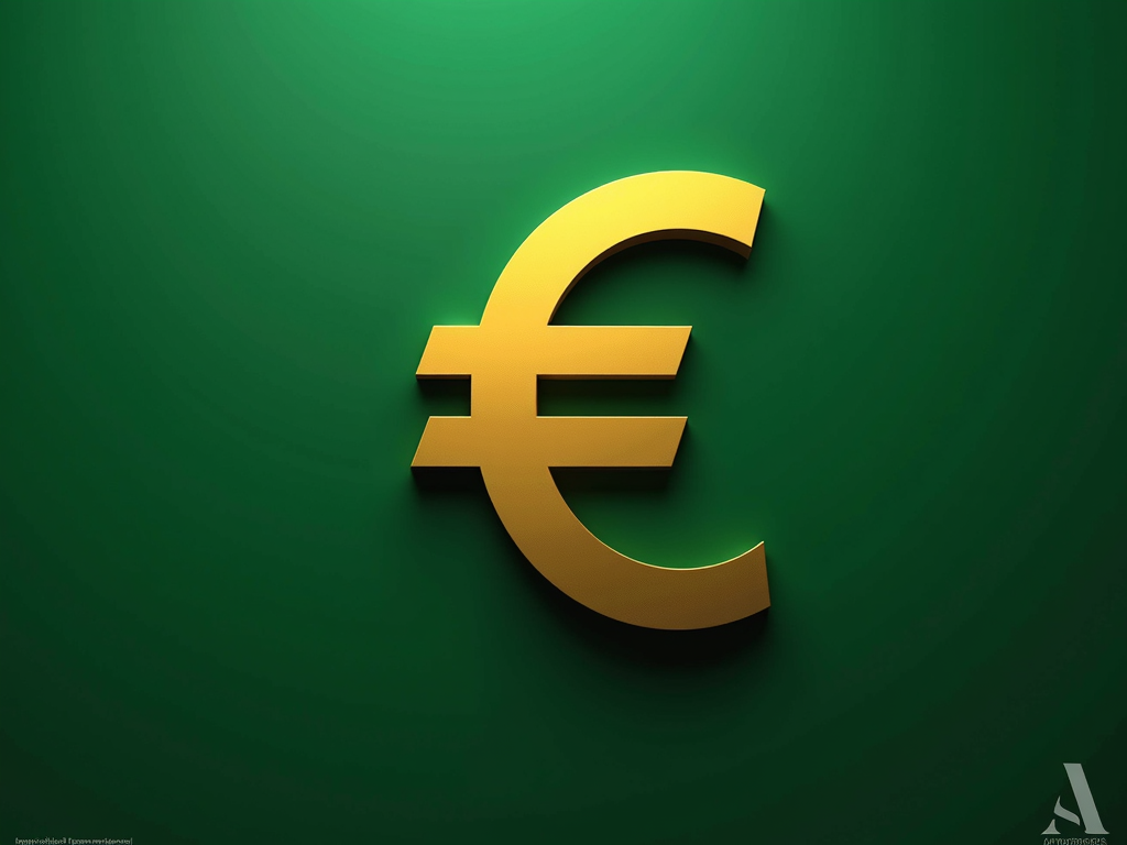 A prominent, metallic gold euro symbol is centered on a rich green background, with lighting creating subtle shadows and highlights.