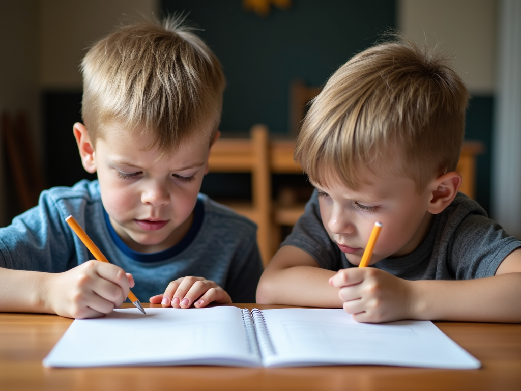 Two young boys are drawing in a notebook with pencils at a wooden table.