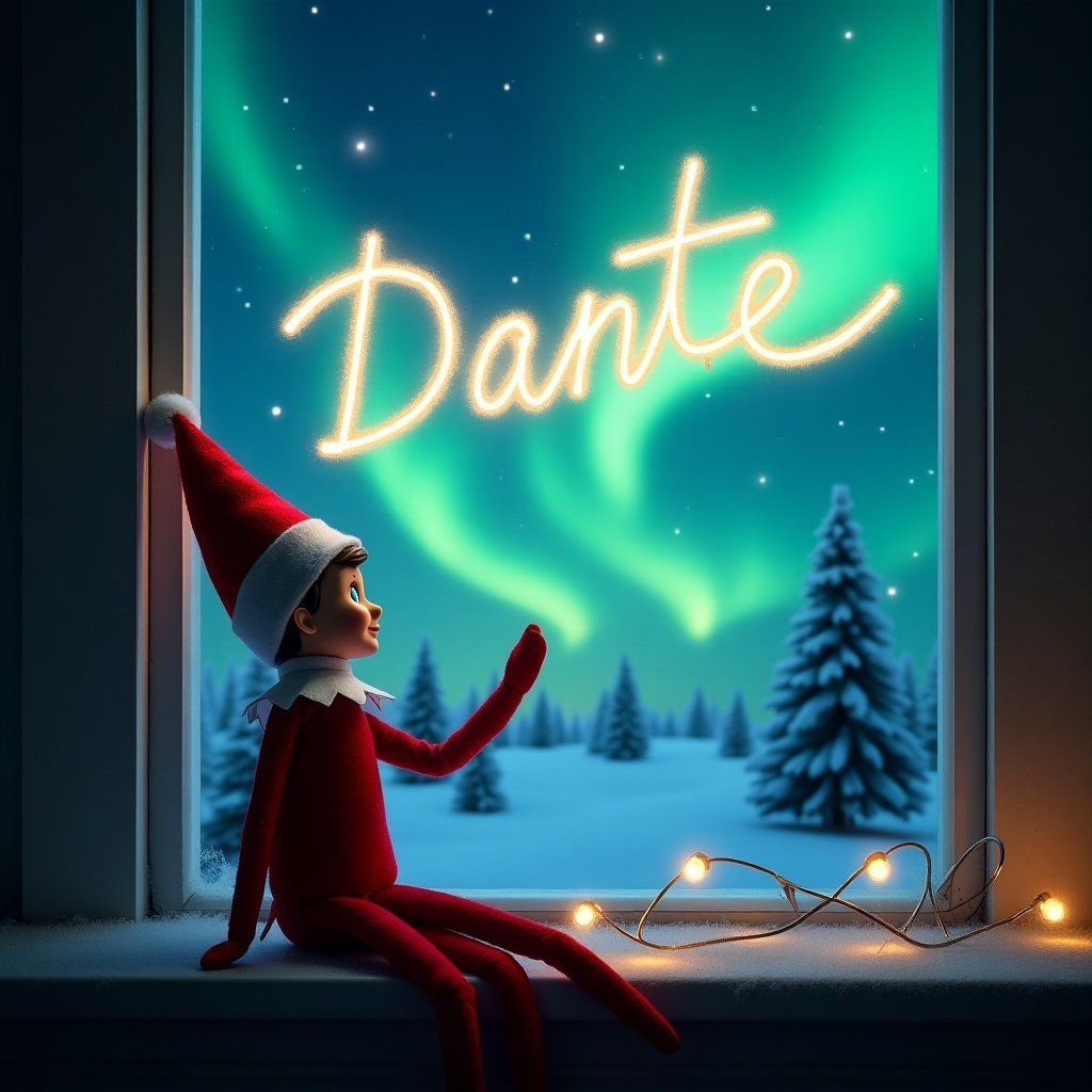 Elf on the shelf character gazing out a window at northern lights. The name Dante is written in the sky. Christmas setting with snow.