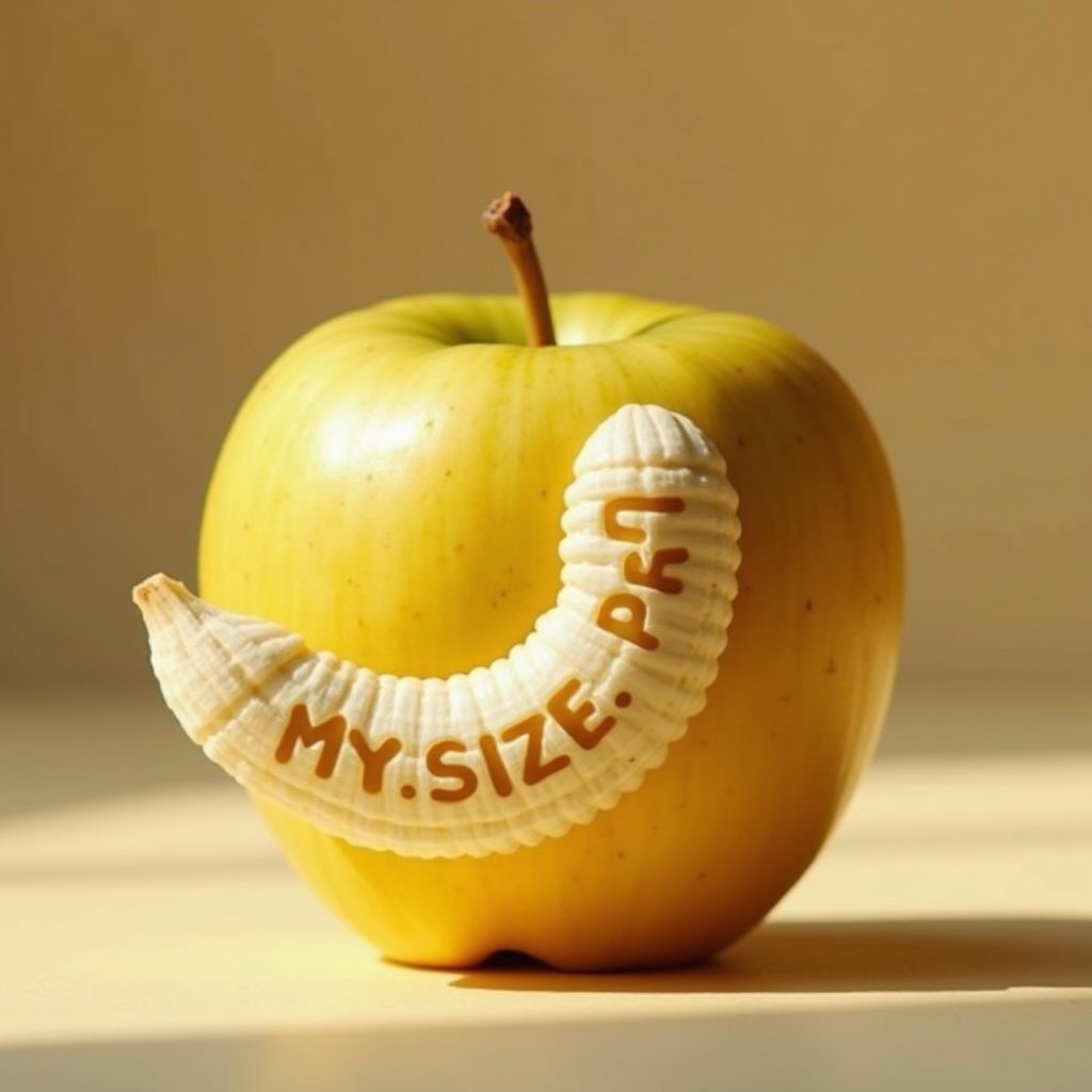 Photorealistic image of a banana showing a carving of a condom with the text 'MY.SIZE PRO'. The banana reveals pale flesh shaped like a condom. Simple carving with features of a condom and the text. Placed on a simple surface with a focus on realism and natural lighting.