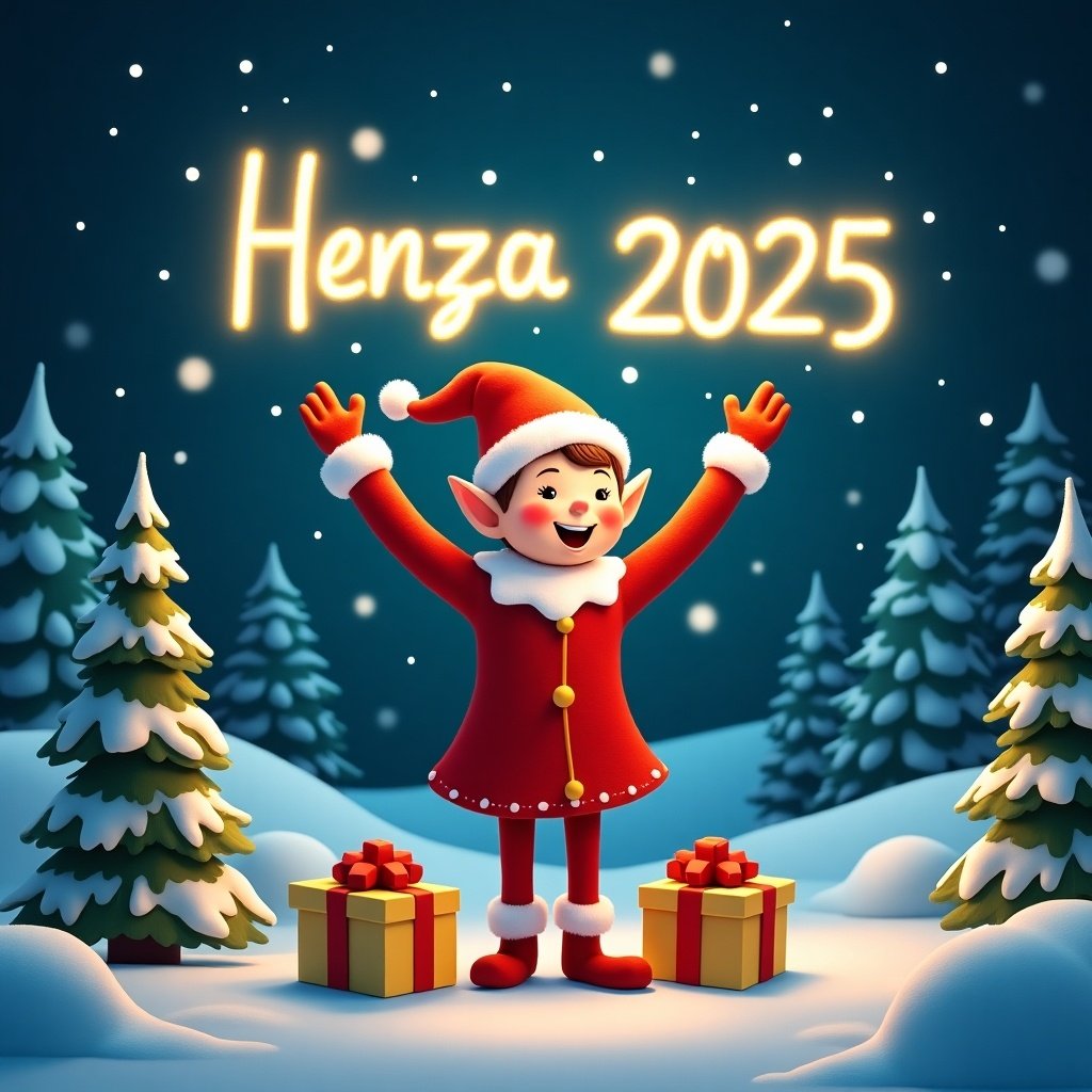 Magical Christmas scene. Cheerful elf in red outfit. Joyfully writing name Henza 2025 in glowing letters. Surrounded by snowy landscapes. Pine trees and beautifully wrapped gifts at feet. Soft illumination adds wonder. Enchanting atmosphere celebrating joy of holiday season.