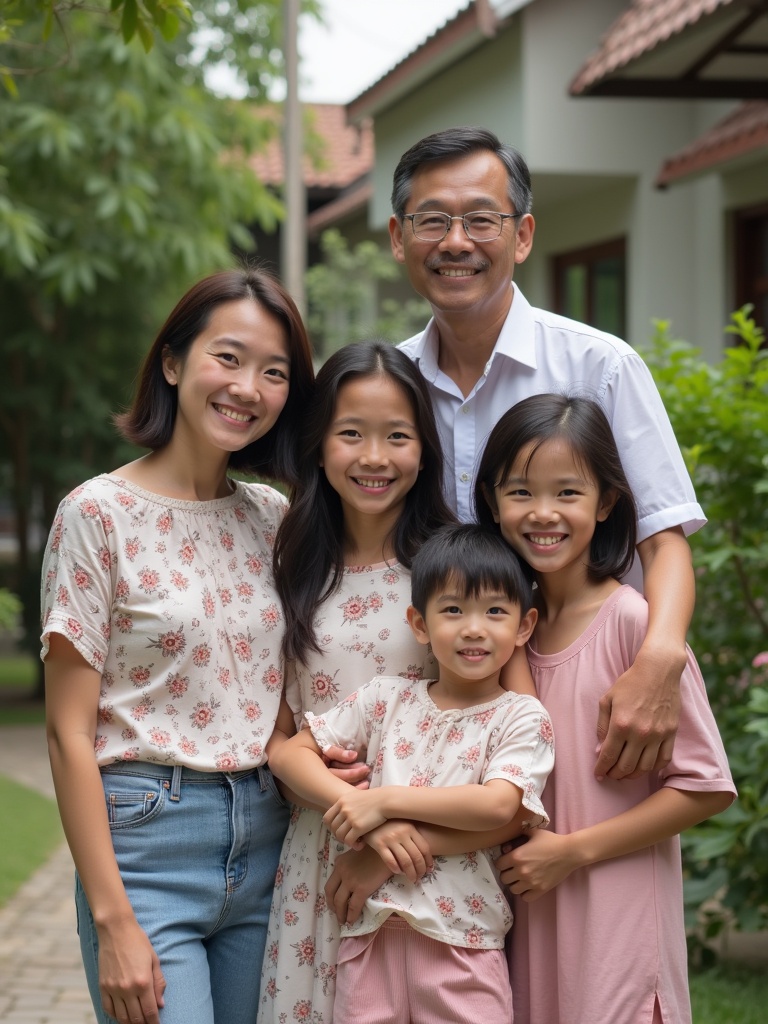 Family gathering in Malaysia. Group of five people. Smiling mother and father with two daughters and a son. Posing outdoors in front of a house. Happy and laughing expressions. Green surroundings enhance the mood.