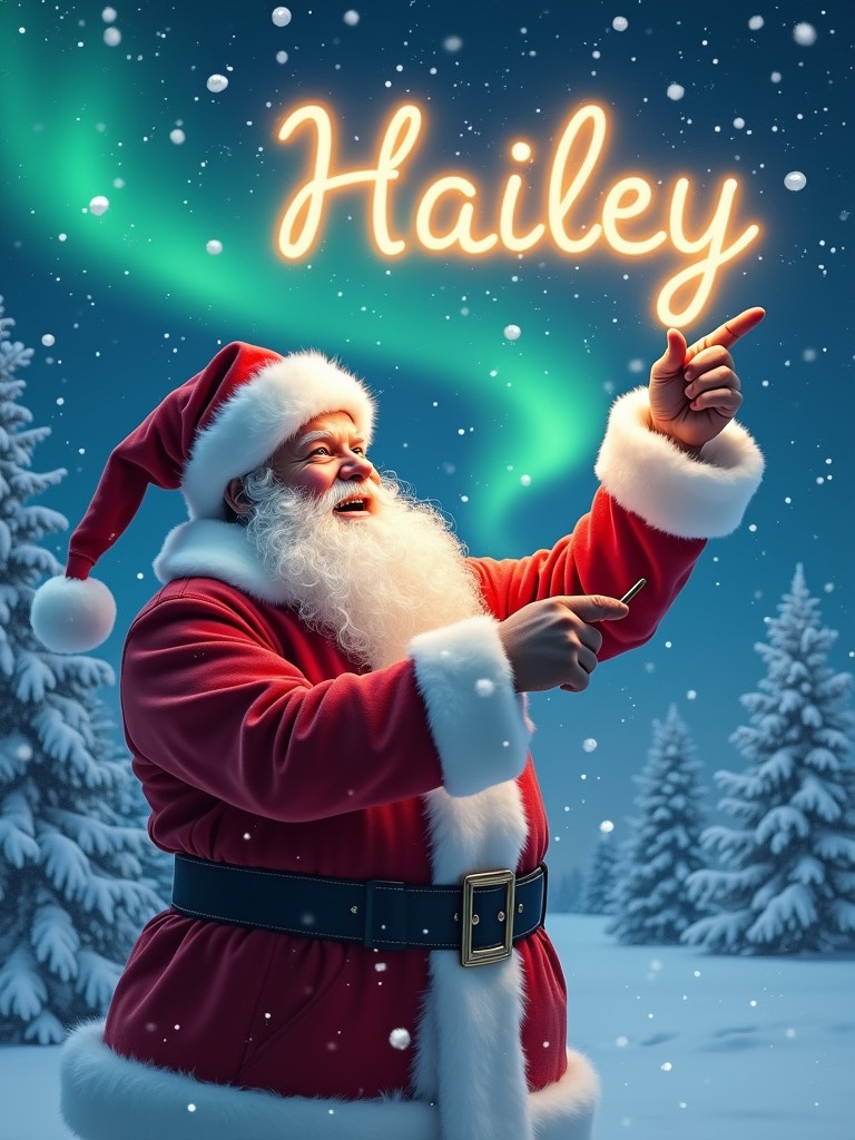 Santa is in a winter wonderland wearing his traditional red suit pointing upwards. He appears joyful. Snowflakes are falling. The name 'Hailey' is written in glowing letters in the sky. Snowy trees are in the background.