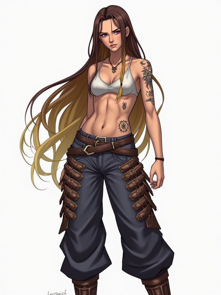 Female character with long brown and blonde hair. Character features purple eyes. Serious expression. Wears detailed pants with multiple elements. Displays tattoos on arms. Star scar visible on arm. Overall fantasy aesthetic.