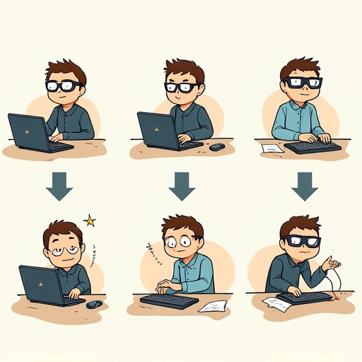 A series of six illustrations styled like an IKEA manual. Each panel shows a humorous step toward becoming an IT architect. The main character is a funny cartoon man who wears glasses and works on a laptop. The steps include studying and learning about technology, getting confused, having an epiphany, developing ideas, creating designs, and showing excitement about becoming an architect.