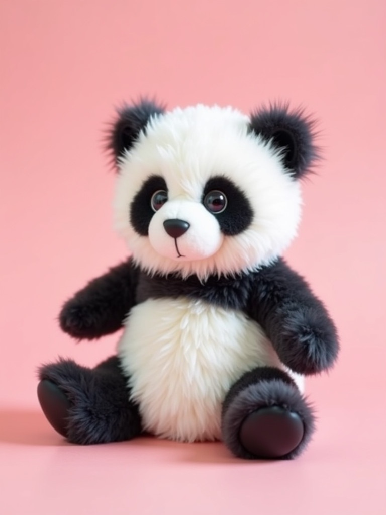 Cute fluffy panda plush toy sits on a pink background.