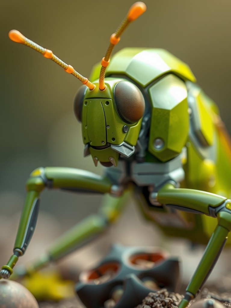 This image depicts a robotic grasshopper meticulously designed with a metallic green exterior. The intricate details of its body and limbs suggest advanced engineering. The background is softly blurred, emphasizing the lifelike mechanical insect as the main focus of the composition.