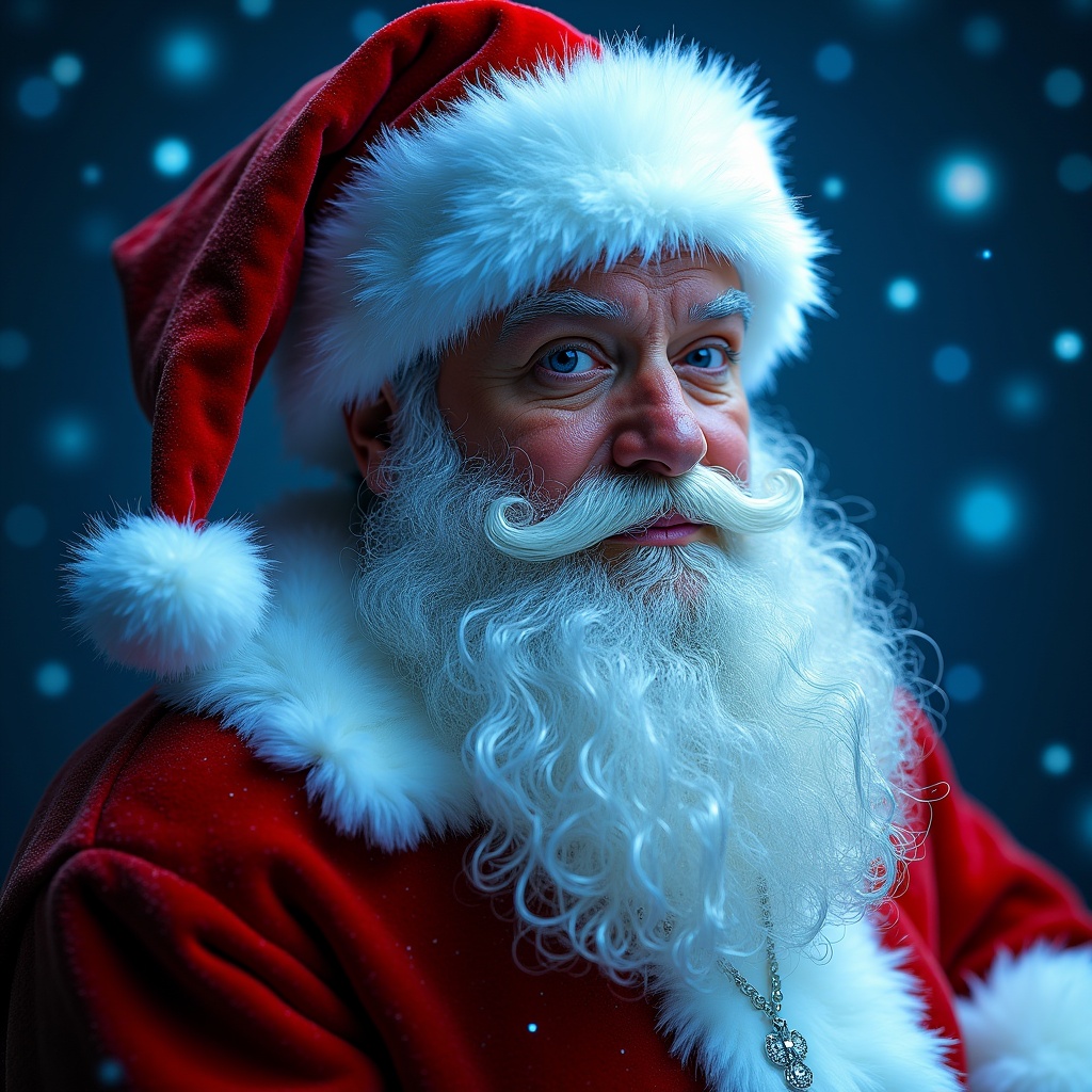 Santa Claus wearing blue clothes and hip-hop style diamond jewelry.