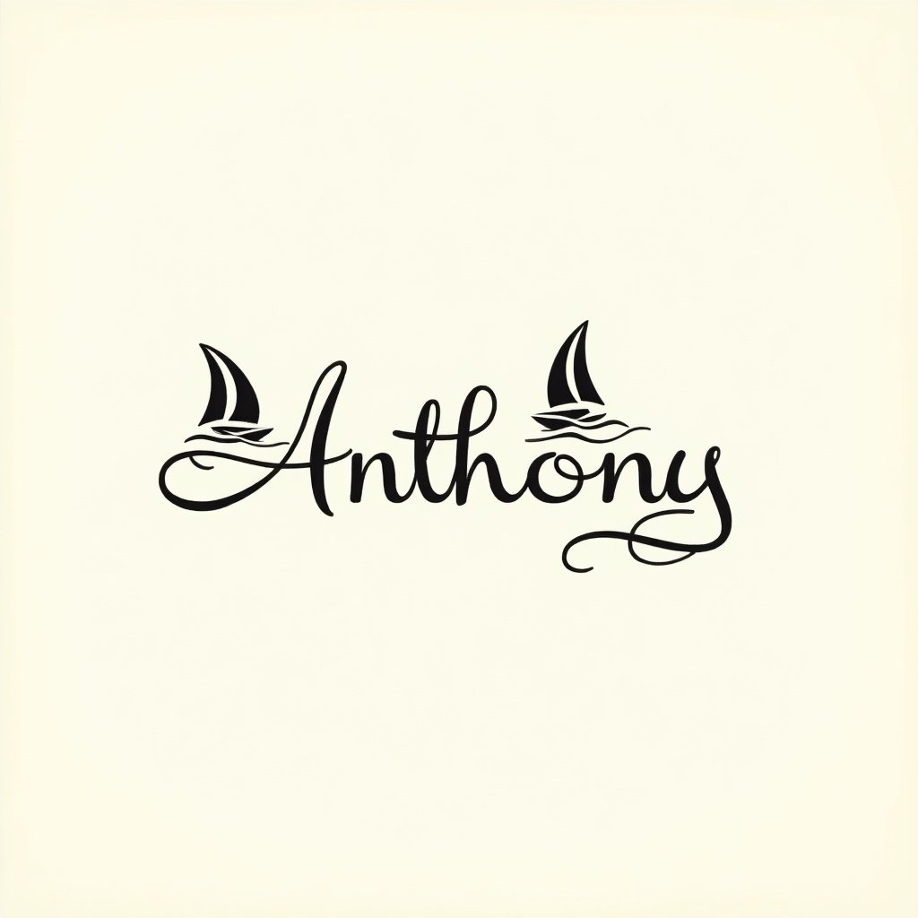 Cursive name 'Anthony' with sailing elements. Black text on beige background. Elegant and stylish design.