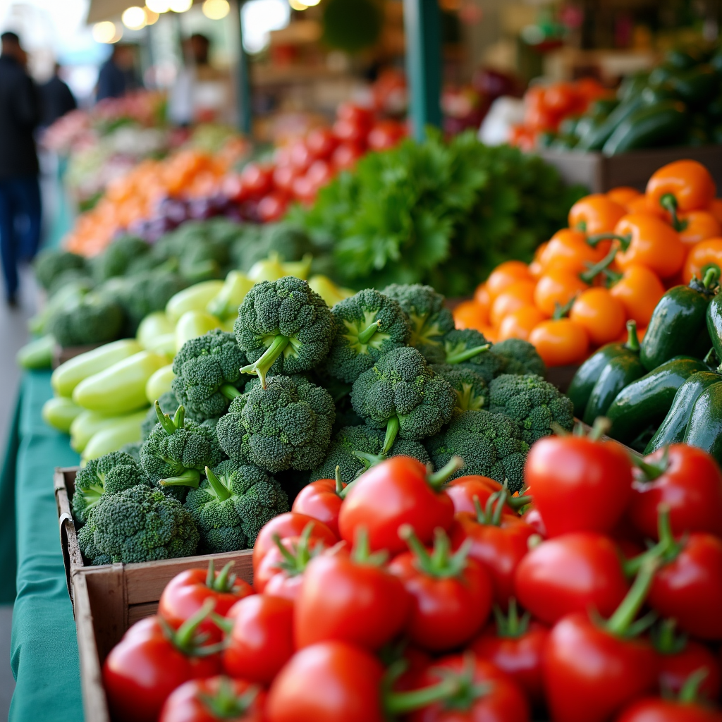 Fresh vegetables displayed at a bustling market stall.