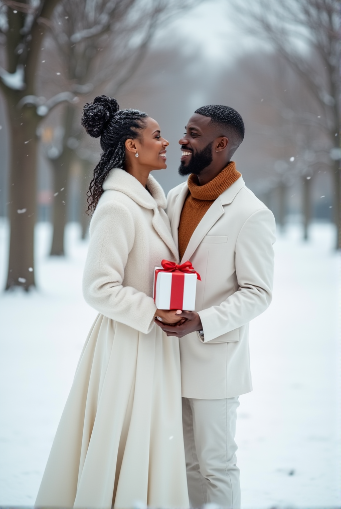 A couple stands in the snow, smiling at each other while holding a gift with a red ribbon.