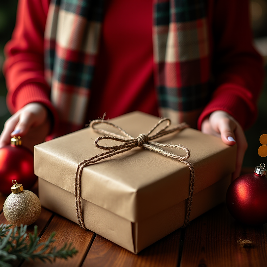 A person in a cozy setting holding a wrapped present with Christmas ornaments.