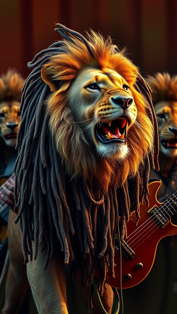 This vibrant image depicts a lion with a striking resemblance to a rock musician, featuring a mane styled like dreadlocks. The lion, with a powerful expression, is positioned in the foreground, while other similar lions are seen playing instruments like electric guitars in the background. The warm lighting enhances the surreal and creative theme, blending elements of wildlife and music culture.