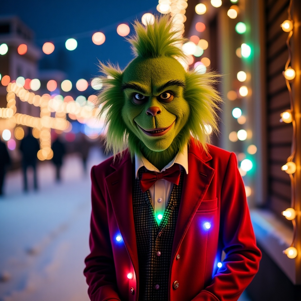 Green character wears a red suit similar to Willy Wonka. Christmas lights decorate the suit and background. Scene conveys a festive holiday atmosphere.