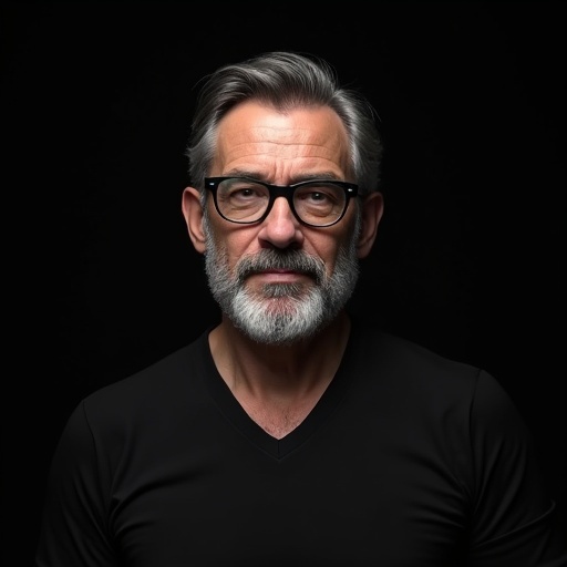 Highly detailed ultra-HD digital portrait of a middle-aged man with a full, well-groomed gray beard and black-framed glasses. Hair is neatly combed back. Wears a black V-neck shirt. Enhanced with high-resolution textures and realistic lighting. Background is a clean black gradient. Style is modern and professional with sharp details.