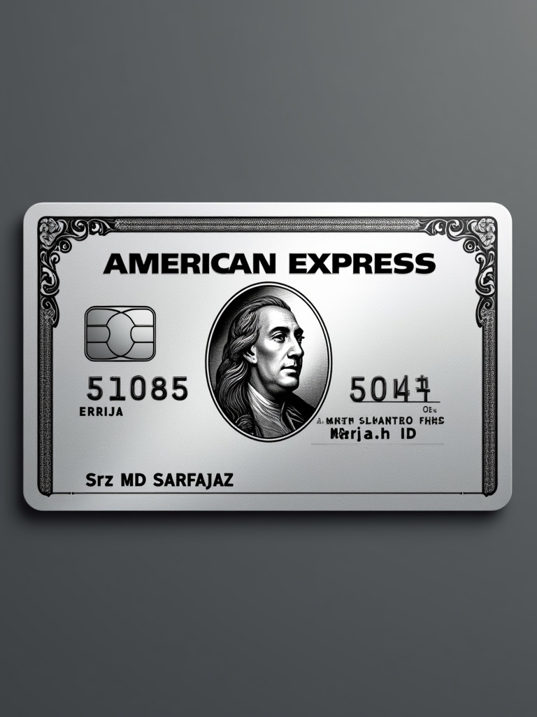 Realistic image of a platinum American Express credit card. Prominent AMEX logo displayed prominently. Cardholder name Srz MD Sarfaraz is visible. Expiration date is March 2028. Silver background enhances modern elegance.