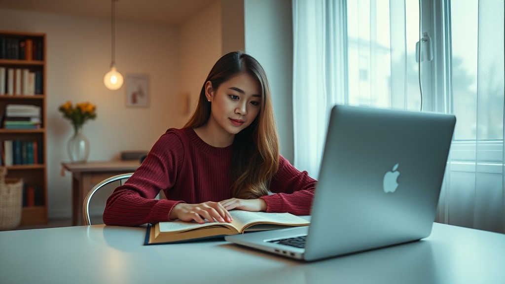 A person studying with a laptop and book in a cozy room.